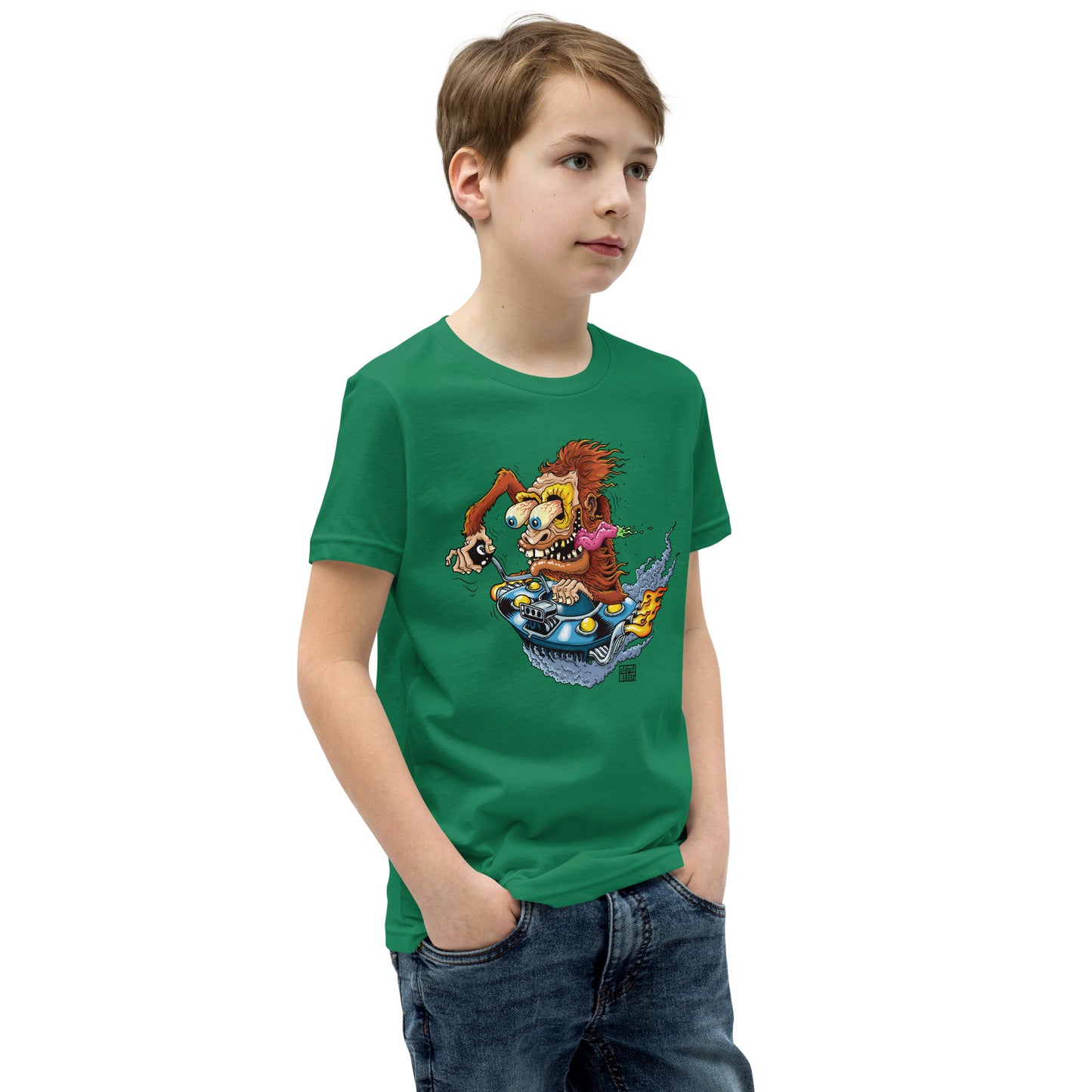 Sas-Fink - Sasquatch in UFO Hotrod - Youth Short Sleeve T-Shirt